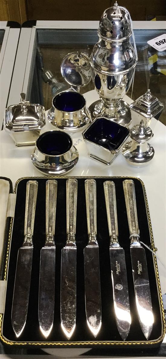 Silver sugar caster, two 3-pce silver condiment sets (4 spoons), pair sugar tongs, Geo butter knife & 6 fruit knives (cased)